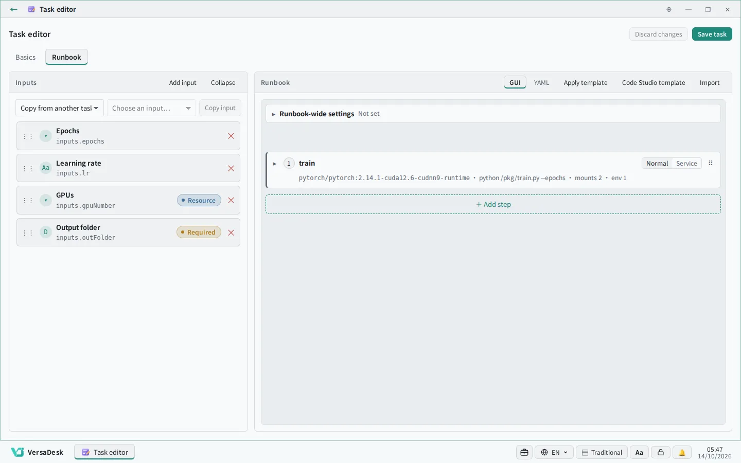 Define inputs and steps in the task editor.